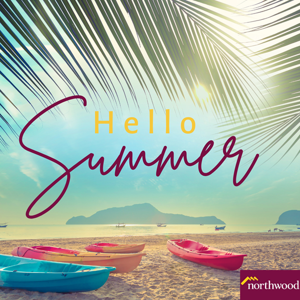 "Hello Summer" banner with beach view.
