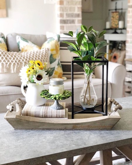 Living room with sofa, table and decorations. 