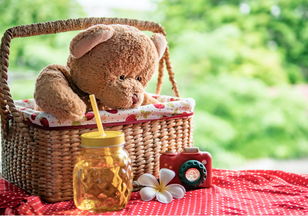 Picnic basket and teddy bear in a basket.