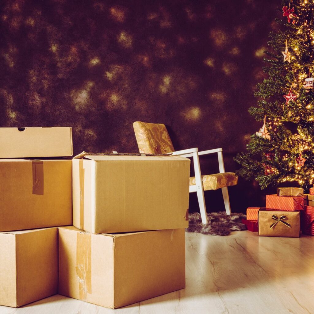Moving boxes in a room with Christmas tree.