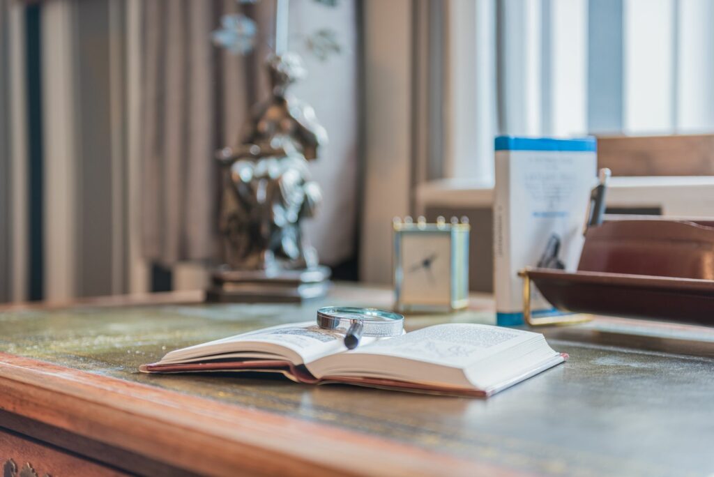 Open book on a desk.