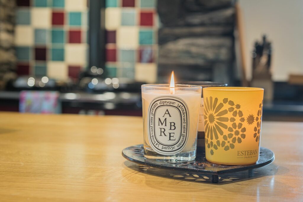 Few candles on a kitchen table. 