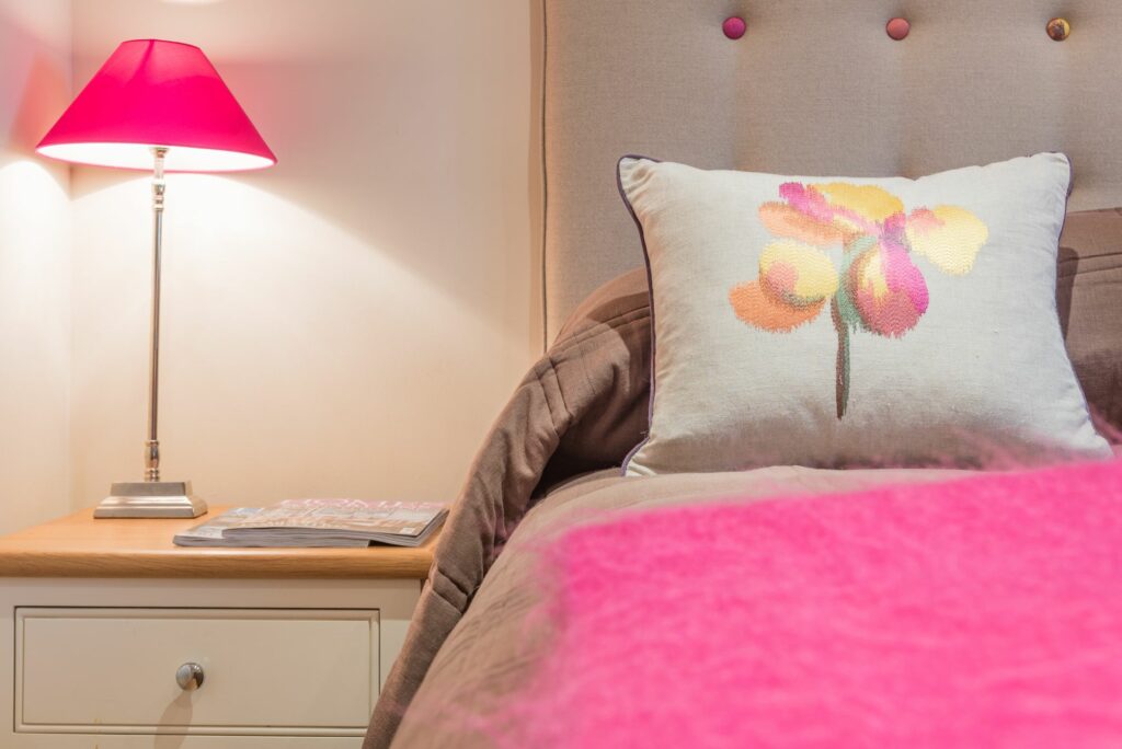 Bedroom corner, with pink and nude colors. 