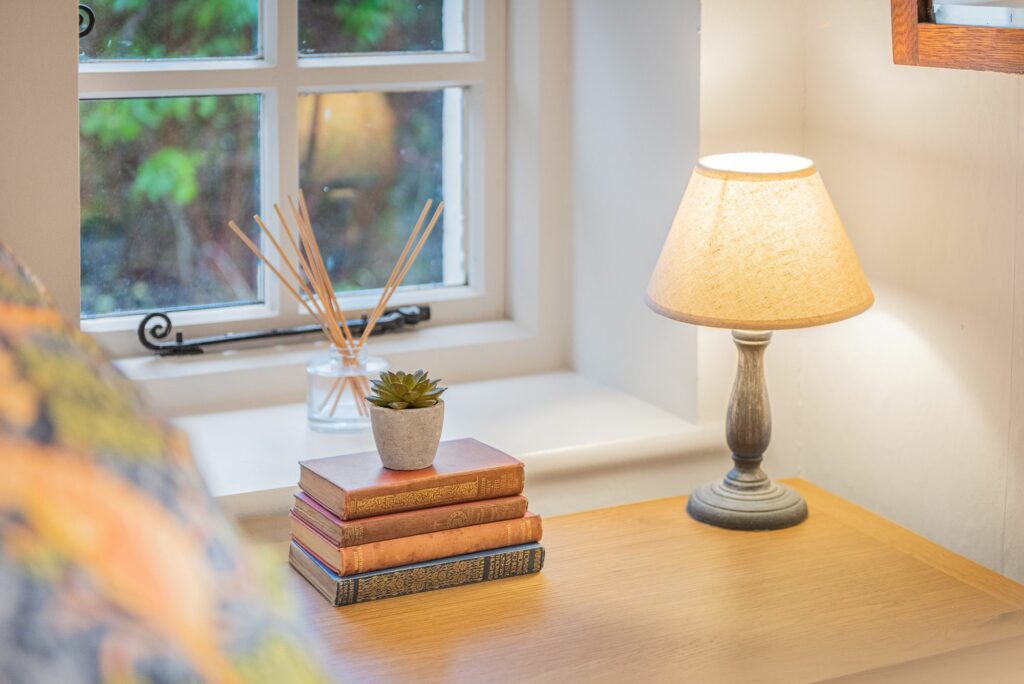 Books and lamp on a desk in front of a window. 