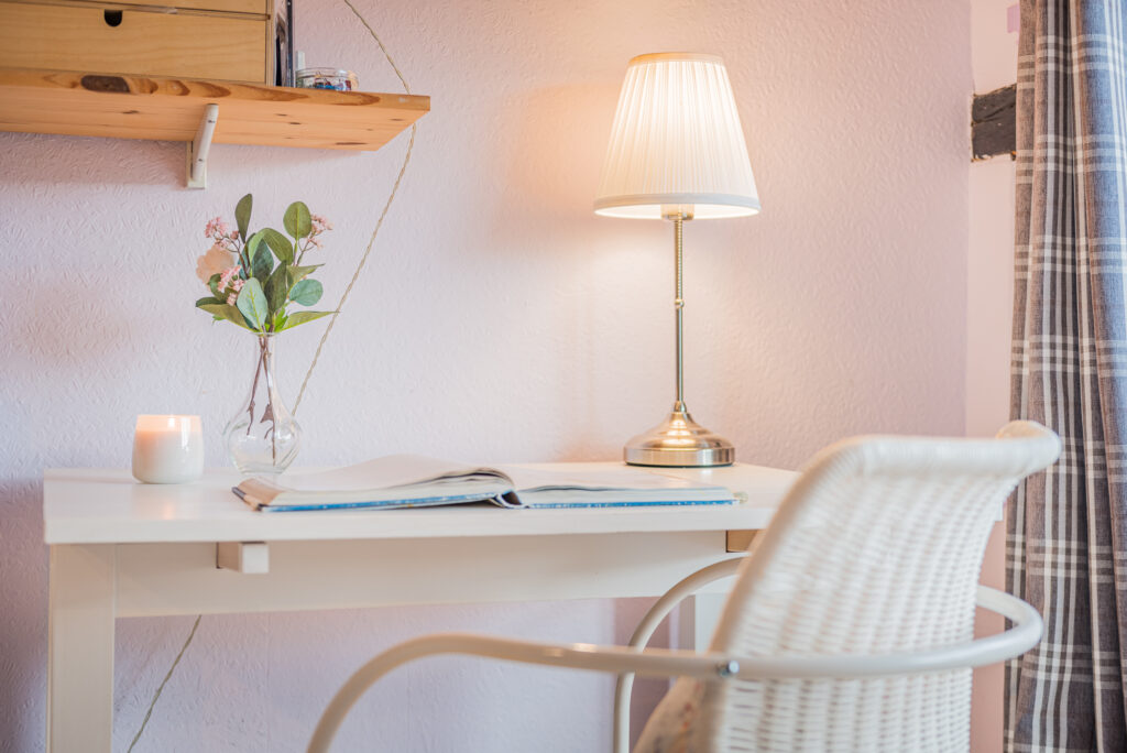 Home office corner in light and natural colors 