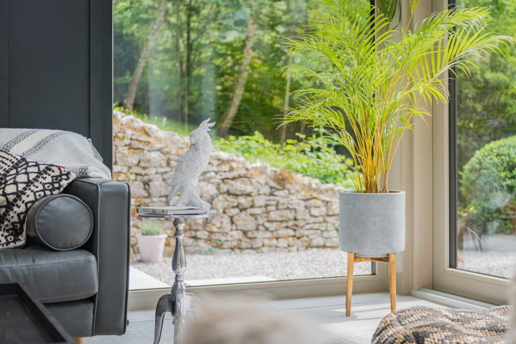 Corner of a living room with clerestory windows