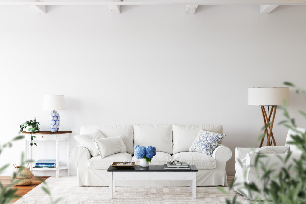 A living room designed with white and natural colors.