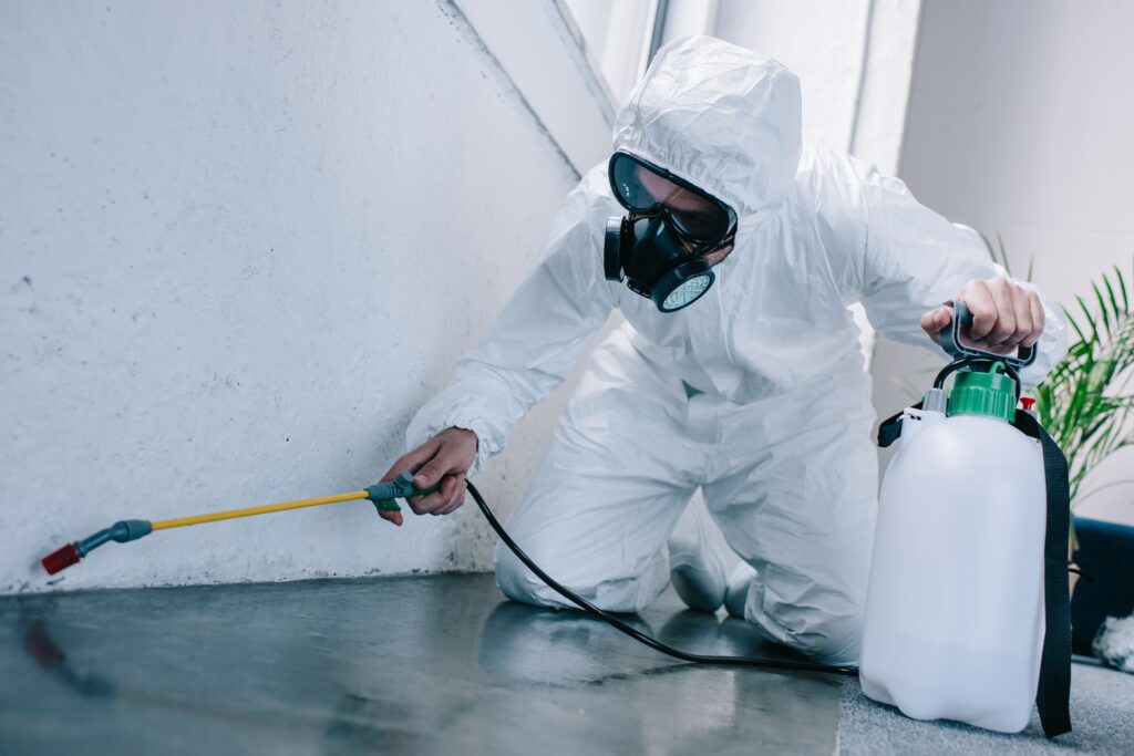 Pest control specialist spraying a house. 