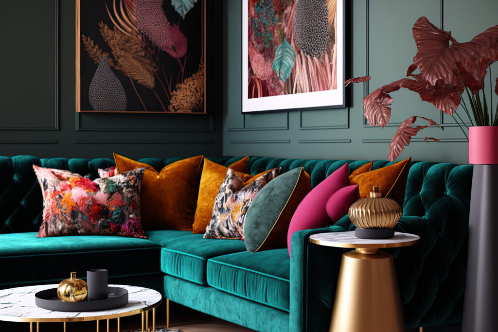 Interior of eclectic living room with cozy velvet corner sofa and cushions. 