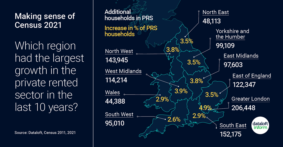 A map that is shows the increase of private rented sector in the UK.