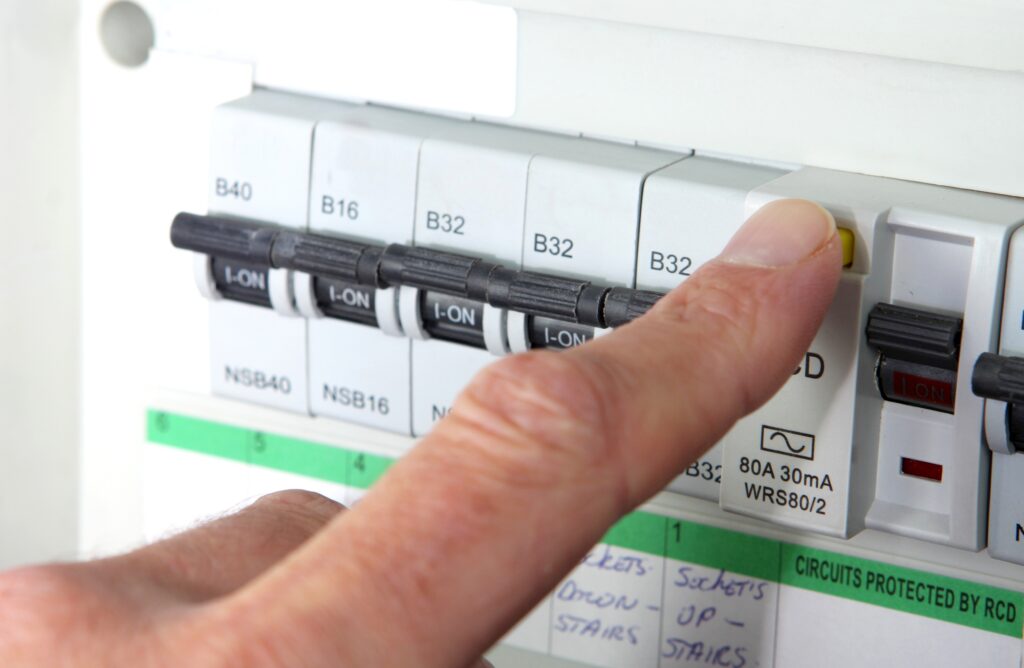 Testing an RCD (Residual Current Device) on a UK domestic electrical consumer unit or fuse box