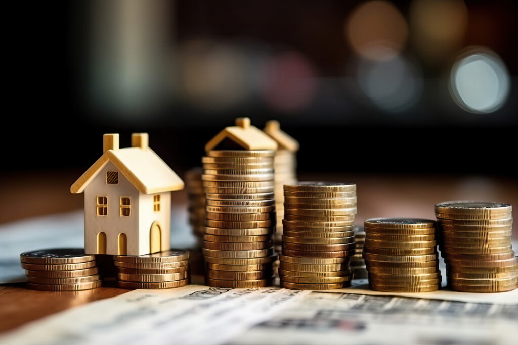 A stack of coins with a small house on top of it.