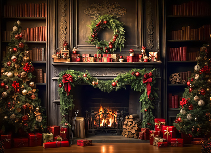 Fireplace, decorated for Christmas holidays 