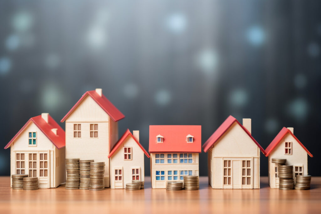 Several small house models and piles of coins beside them