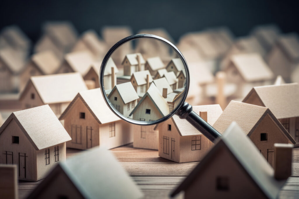 Multiple little wooden houses and a magnifier