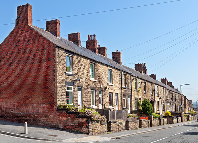 Street view of an old brick houses 