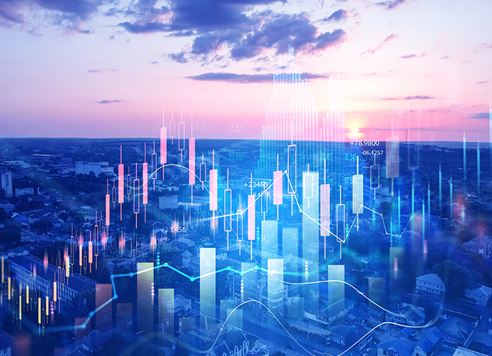 Sky view of a city with overlay bar chart excel