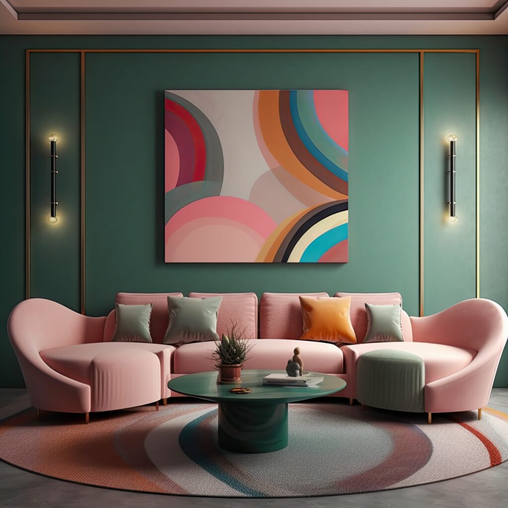 The modern interior of a living room in pink and green colors.