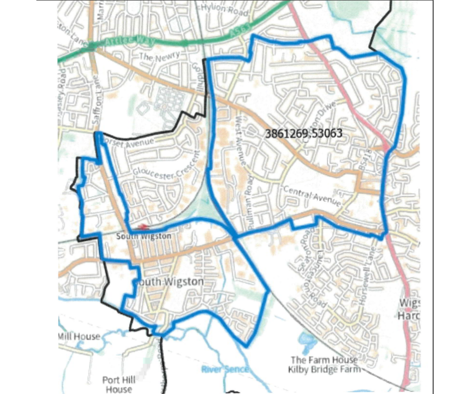 Map of Oadby & Wigston Selective Licensing area for 2025 scheme