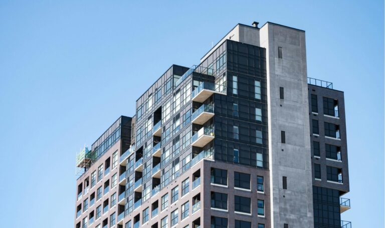 Modern UK apartment building with external wall cladding