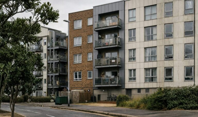 Street level photograph of a UK residential apartment building with external cladding and brickwork.