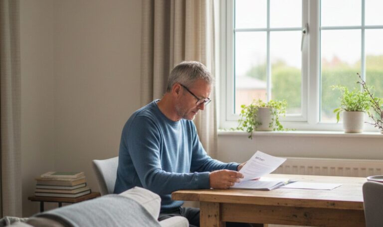 Landlord reviewing EPC documents at a table in a bright, energy efficient rental home with natural daylight.