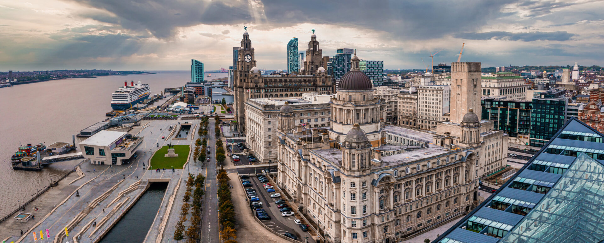 Aerial view of Liverpool city centre and waterfront, showing historic buildings and regeneration areas driving strong rental yields in 2026
