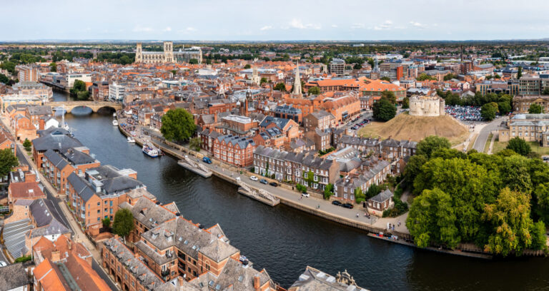 Aerial view of York showing the River Ouse, historic housing and surrounding neighbourhoods, illustrating the appeal of Heworth for buy-to-let investors