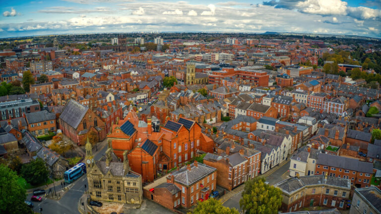 Aerial view of Wrexham town with residential housing, representing rising semi-detached property values and growing equity in 2026
