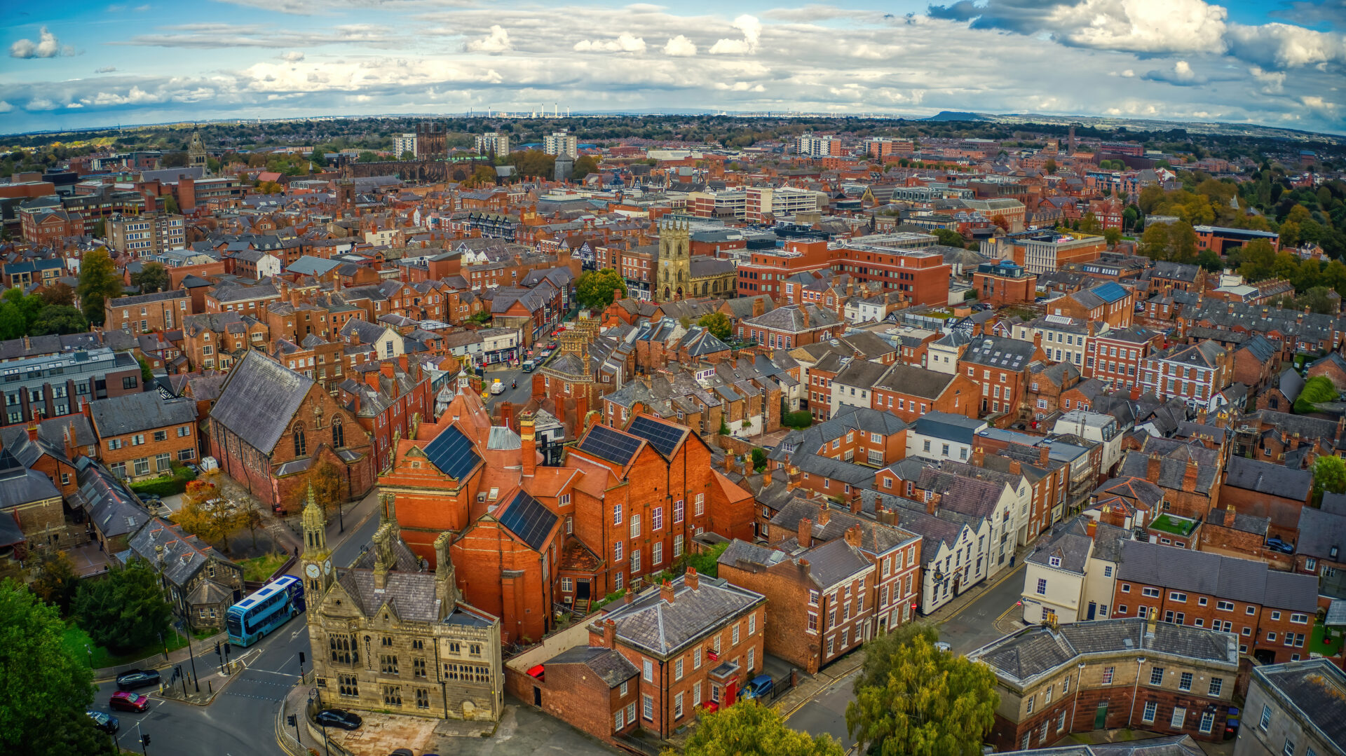 Aerial view of Wrexham town with residential housing, representing rising semi-detached property values and growing equity in 2026