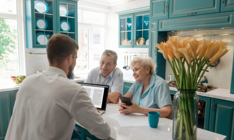 Estate agent discussing property details with older couple in a modern kitchen in Heworth York