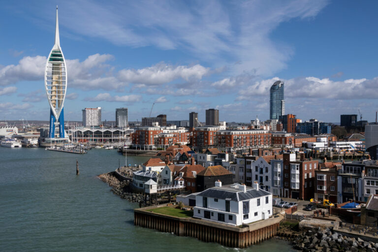 Portsmouth waterfront skyline featuring Spinnaker Tower and modern marina developments
