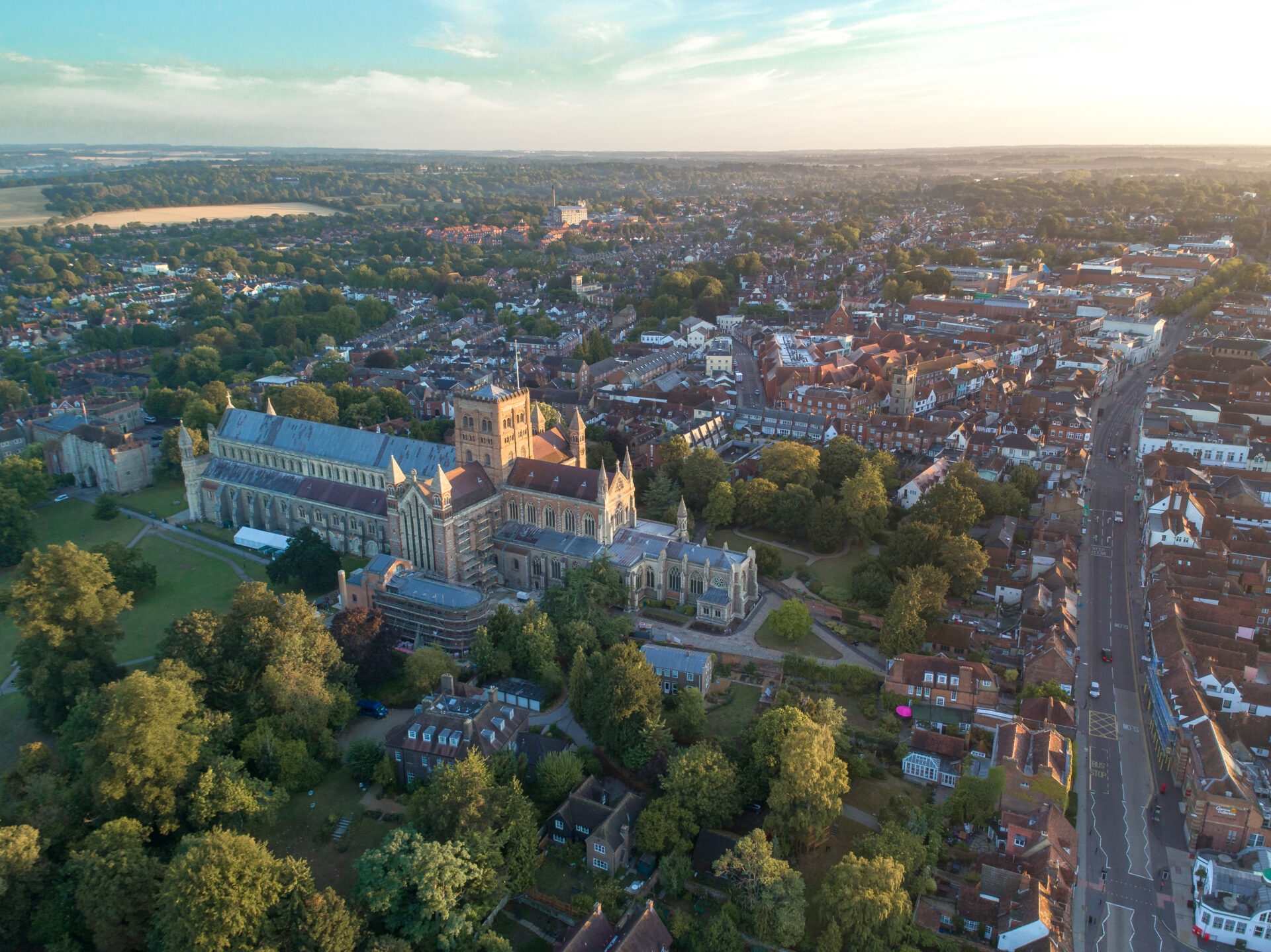 Aerial view of St Albans city with cathedral and surrounding residential neighbourhoods