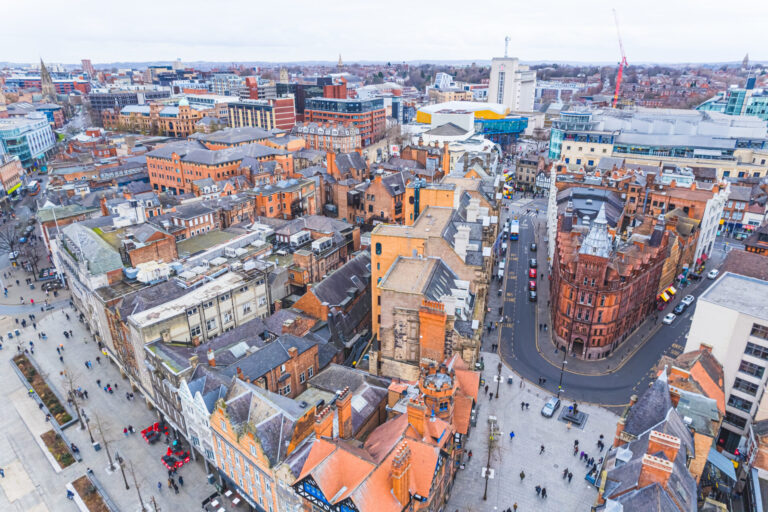 Aerial view of Nottingham city centre showing residential and commercial areas