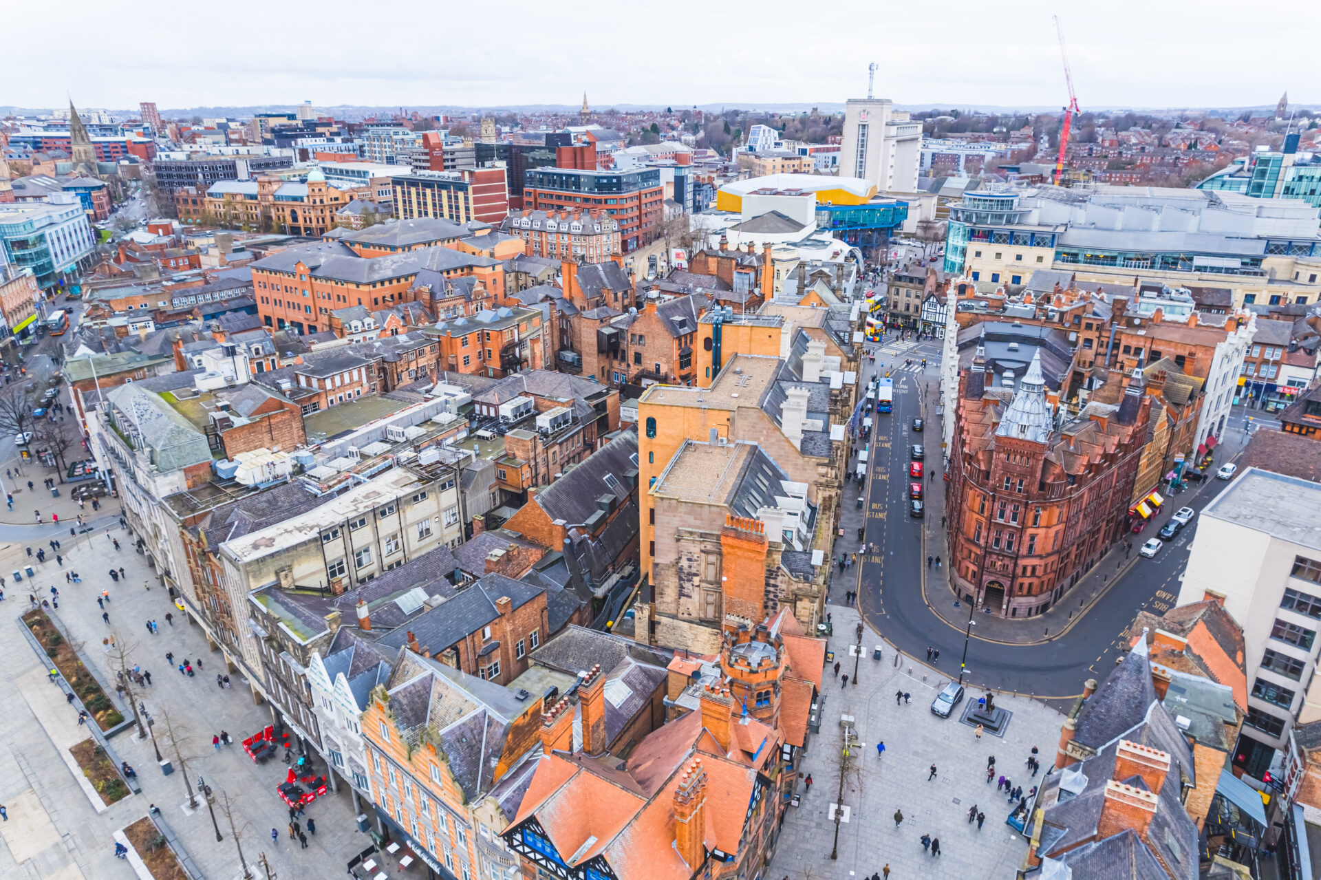 Aerial view of Nottingham city centre showing residential and commercial areas