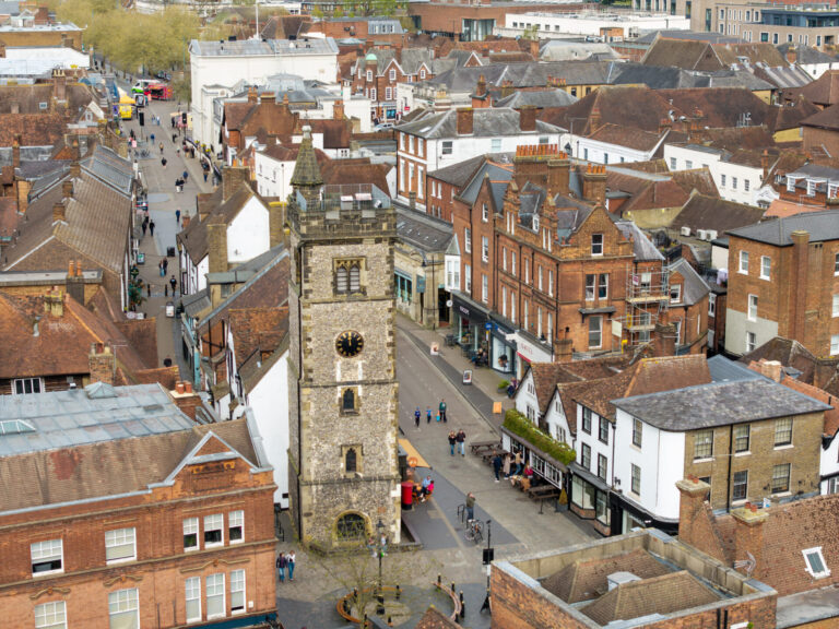 Aerial view of St Albans city centre featuring historic buildings, shopping streets and residential property