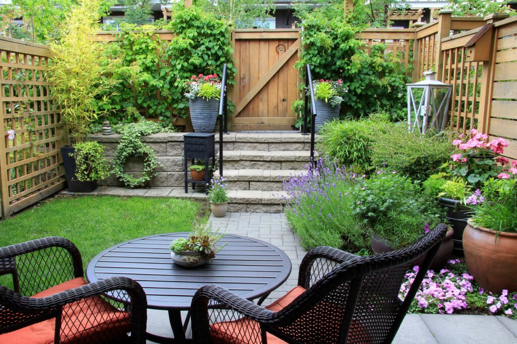 Image of a small double levelled garden.