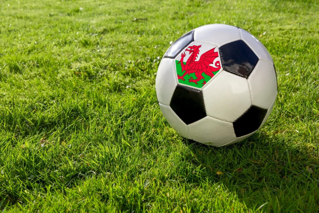 Football with welsh flag on a pitch